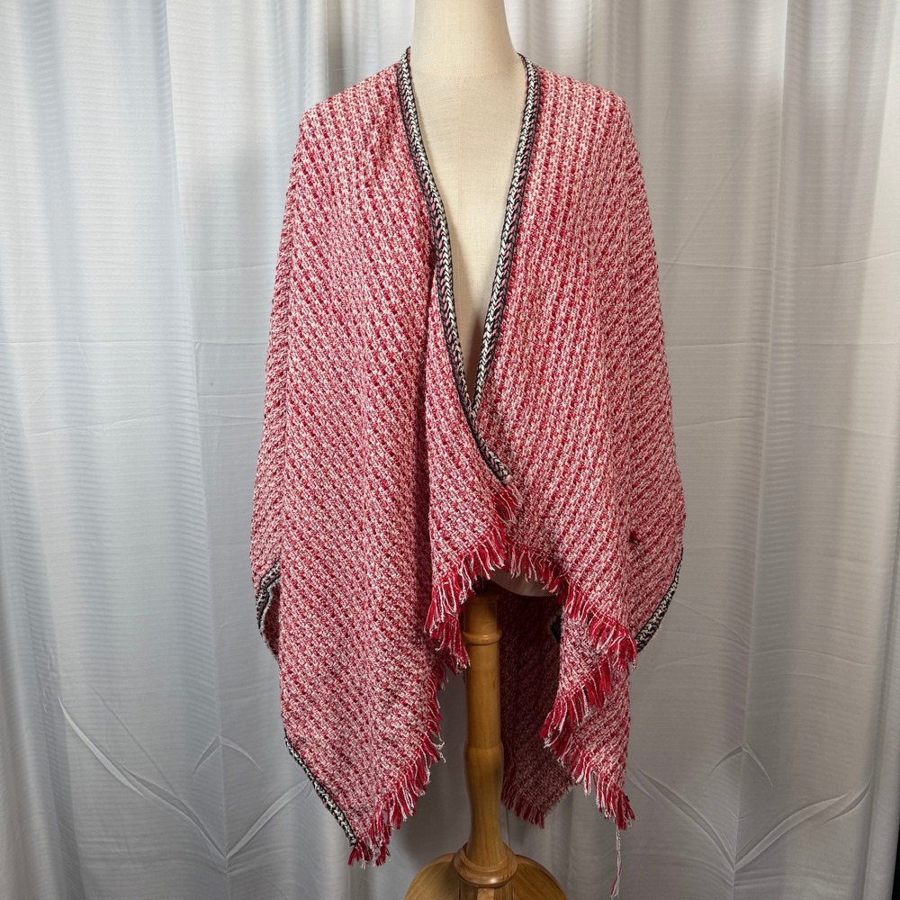 Maje Red White Tweed Fringe Poncho Wrap Braided Trim One Size TU